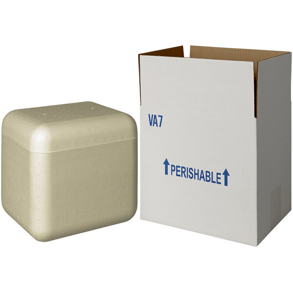 A white insulated shipping box with blue writing.