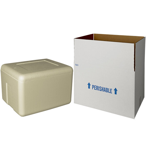 A white insulated shipping box with blue writing and a white biodegradable cooler box with a lid.