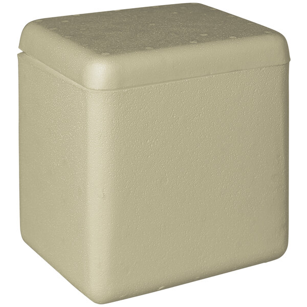 A white insulated biodegradable cooler with a lid.