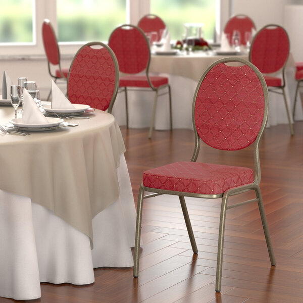 Lancaster Table & Seating Red Pattern Fabric Teardrop Back Stackable Banquet Chair with Gold Vein Frame