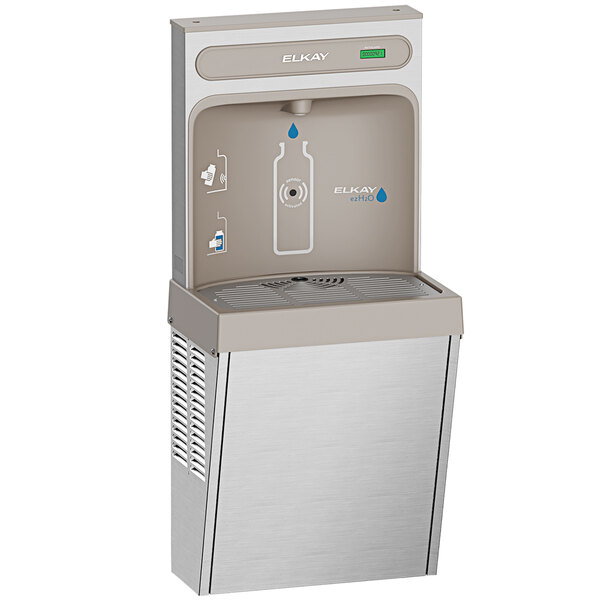 An Elkay stainless steel water fountain with a bottle filling station.