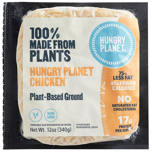 A package of Hungry Planet plant-based vegan ground chicken on a white surface.