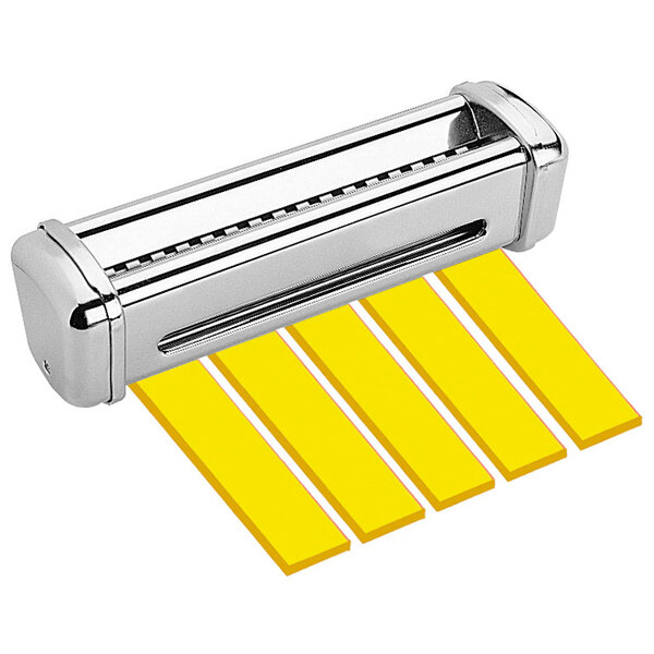 A close up of a metal Imperia Fettucine Pasta Cutter attachment with yellow strips.