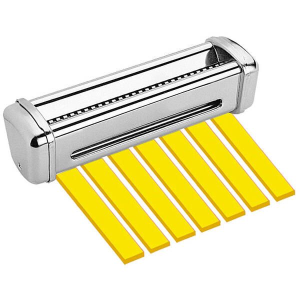 A metal Imperia pasta cutter attachment with yellow strips.