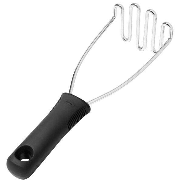 A black and silver OXO potato masher with a black handle.
