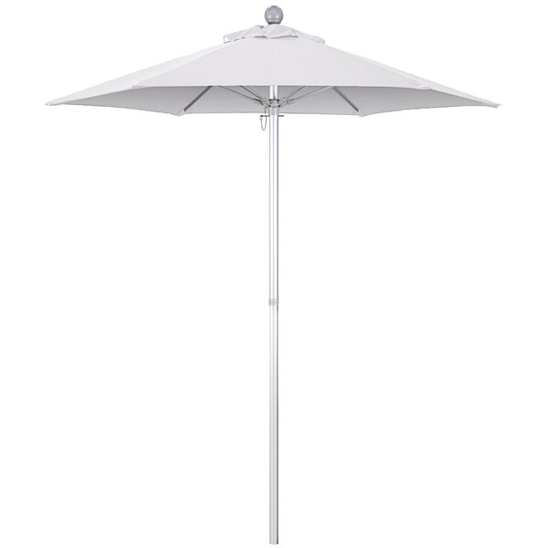 A California Umbrella Summit Series white umbrella on a metal pole.