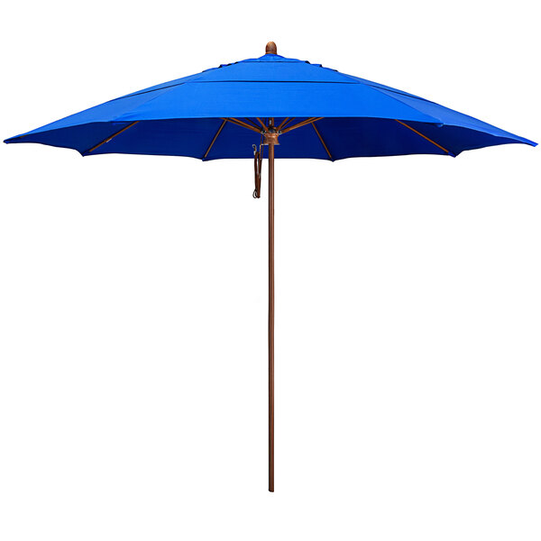 A California Umbrella with a Pacific Blue Sunbrella canopy and a wood pole on a white background.