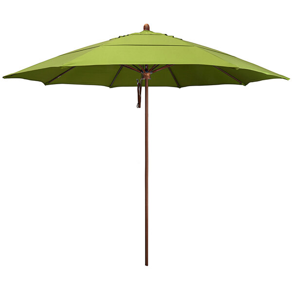 A close-up of a California Umbrella with a green Sunbrella canopy and a wood-like aluminum pole.