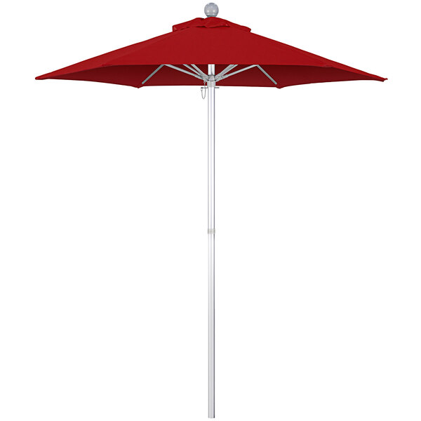 A California Umbrella with Jockey Red Sunbrella canopy on a white pole.