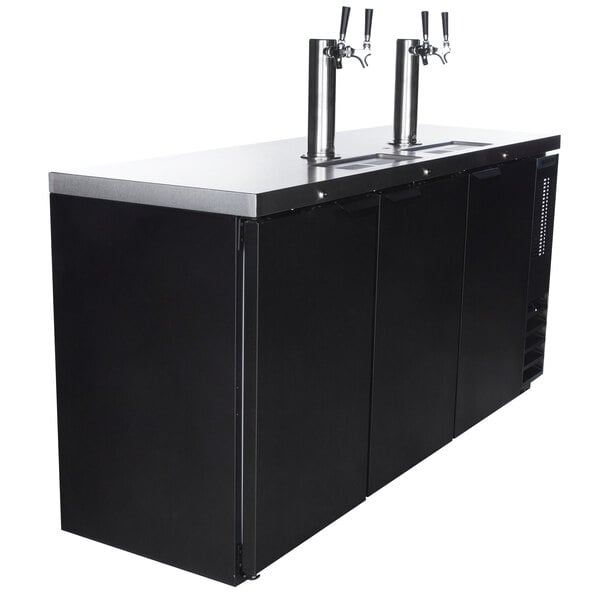 A black Beverage-Air wine dispenser with three silver taps on a black counter.