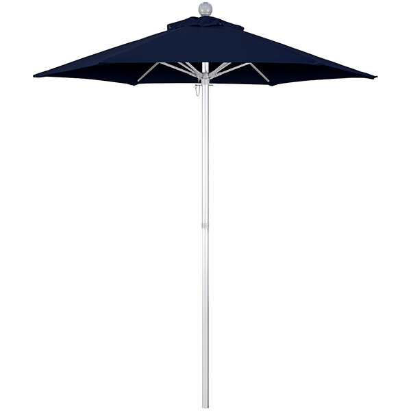 A close-up of a California Umbrella Summit Series round navy blue umbrella.