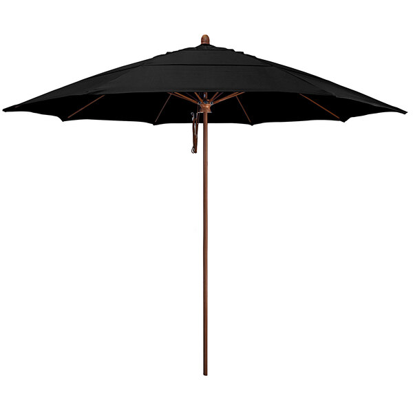 A California Umbrella with a black Sunbrella canopy and a 1 1/2" wood aluminum pole.
