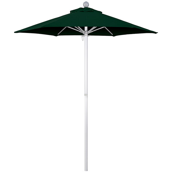 A forest green California Umbrella with a white ball on top.