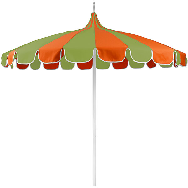 A white pole with a green and orange striped Sunbrella umbrella canopy.