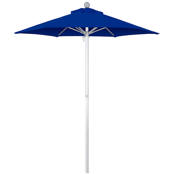 A blue California Umbrella with a white pole.