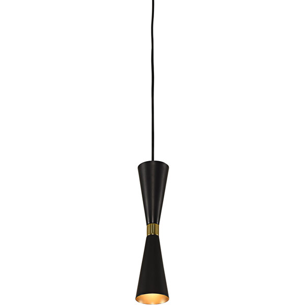 A black and gold Kalco Milo LED mini pendant light with a black cord hanging in a restaurant dining area.