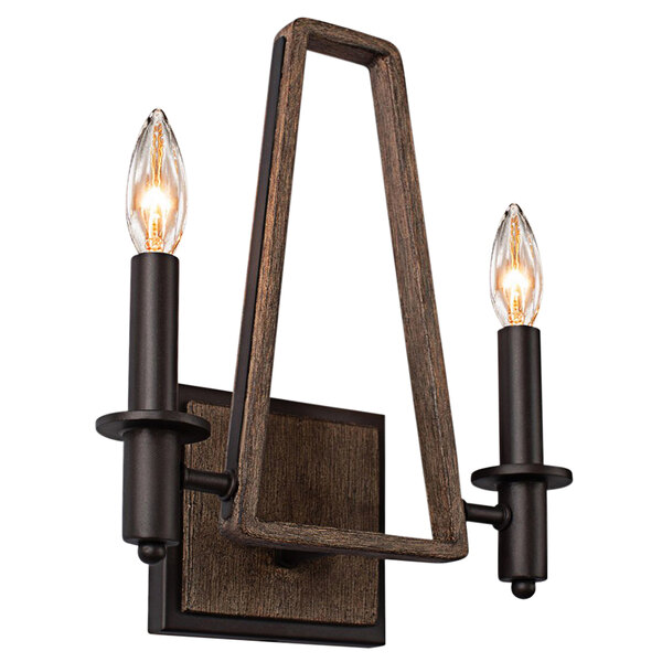 A Kalco farmhouse chic wall sconce with a satin bronze finish and two lights.