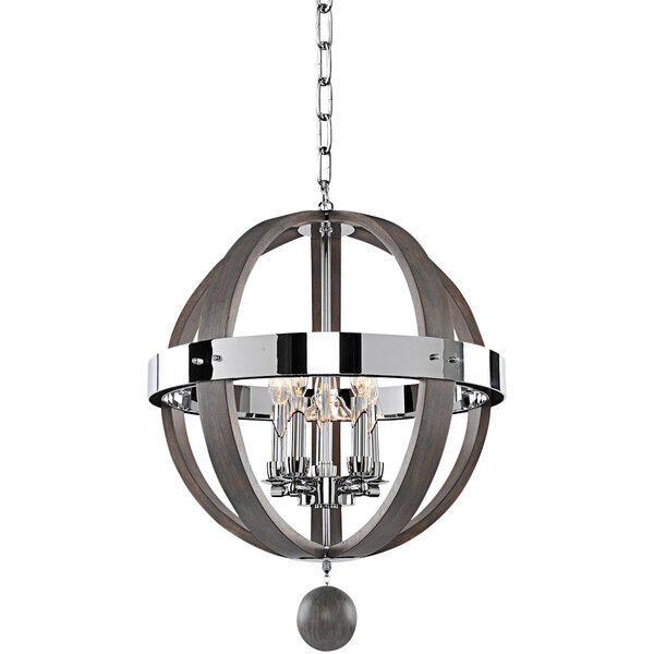 A Kalco Sharlow 5-light globe pendant chandelier with a wood and metal frame.