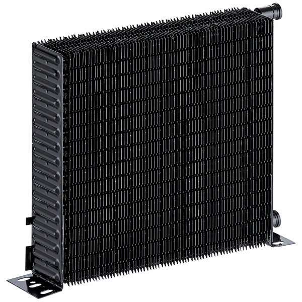 A black metal condenser coil with lines.