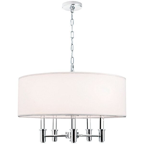 A Kalco chrome pendant light with a white shade on a chain.