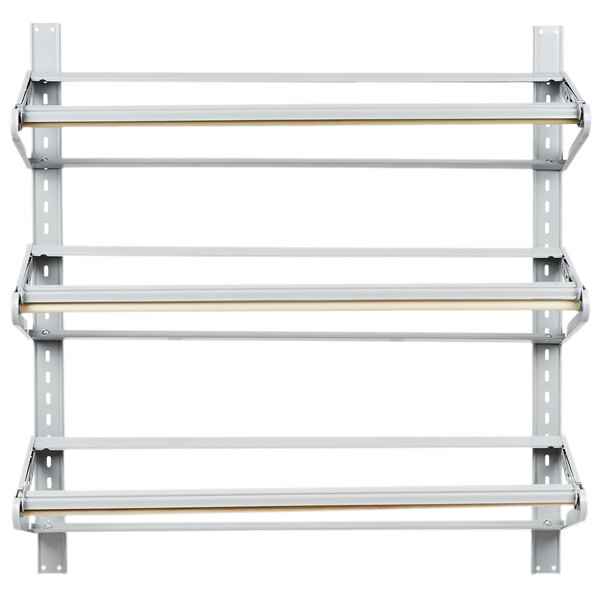 A white metal horizontal wall rack with three shelves and metal bars.