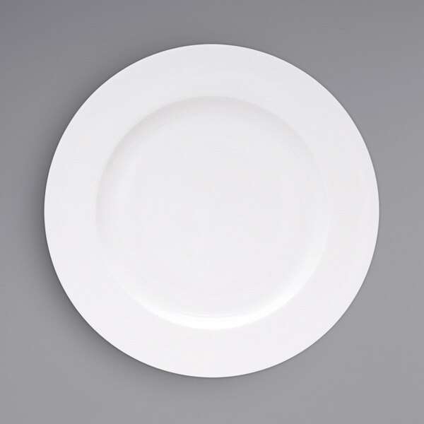 A Fortessa Ilona white china plate with a wide white rim.