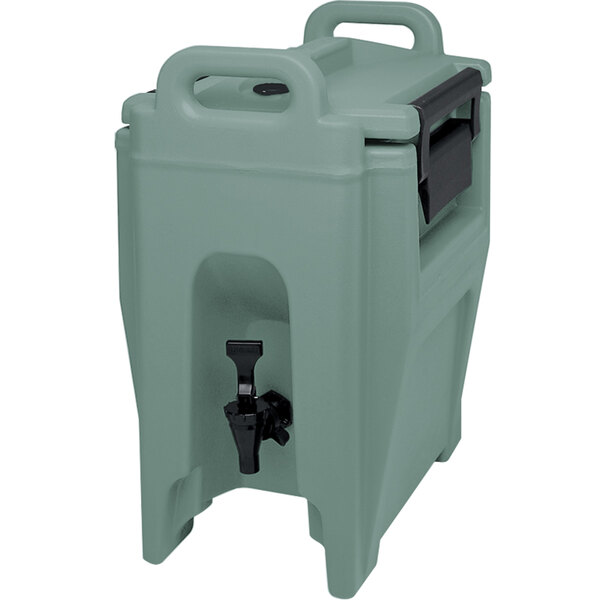 A slate blue plastic Cambro insulated beverage dispenser with a black tap.