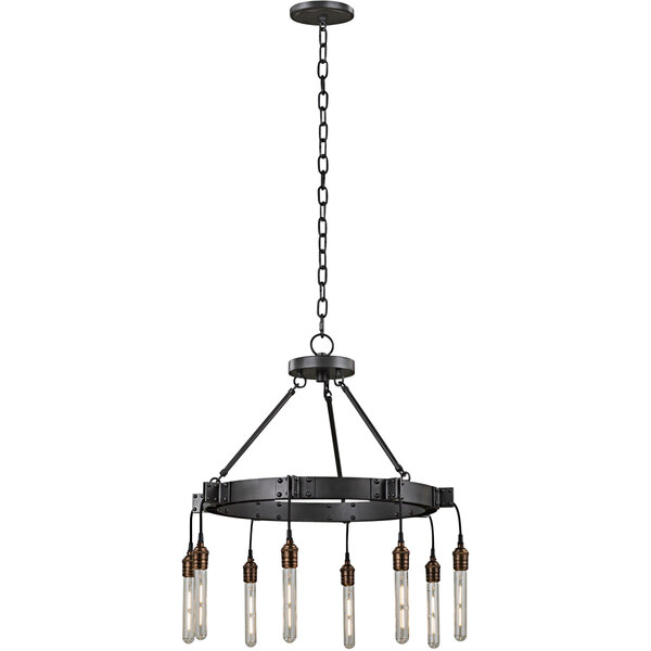 A Kalco Stuyvesant industrial chandelier with eight lights and a matte gunmetal finish hanging from a chain.