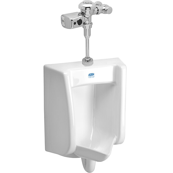 A white Zurn wall hung urinal with a Zurn flush valve.