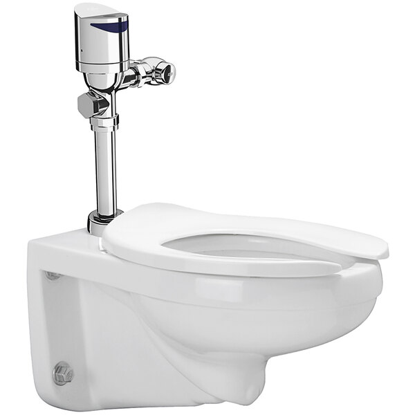 A white Zurn wall hung toilet with a silver top mount flush valve.