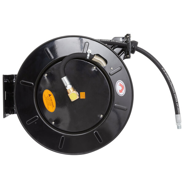 A black Equip by T&amp;S hose reel with a yellow label and a hose attached.