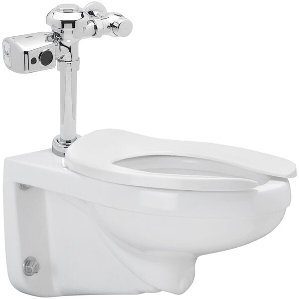 A white Zurn wall hung toilet with a silver flush valve.