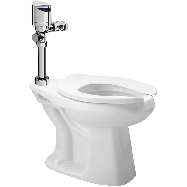 A white floor-mounted Zurn commercial toilet with a silver top mount flush valve.