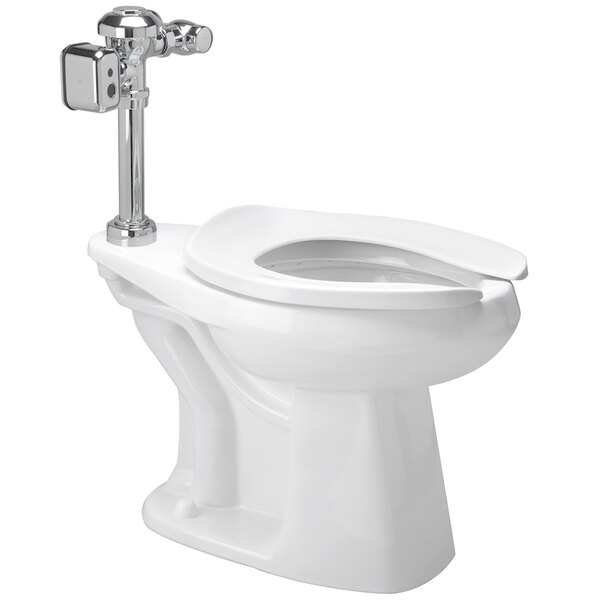A white Zurn floor mounted toilet with silver flush valve.