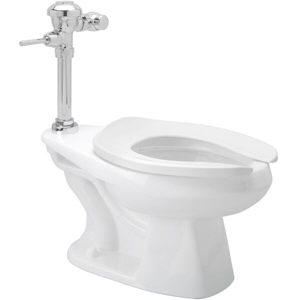 A Zurn floor mounted commercial toilet with a white seat and a silver flush valve.