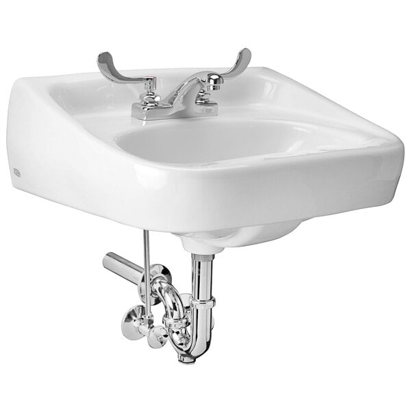 A white Zurn wall hung lavatory sink with chrome pipes and a faucet.