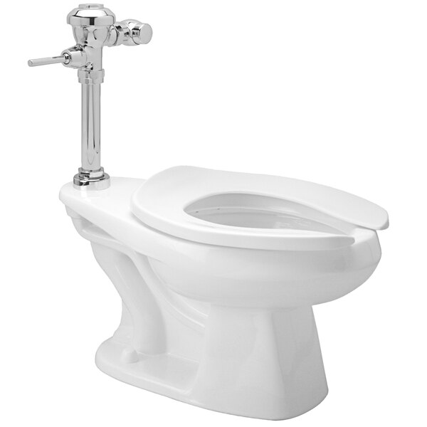 A white Zurn floor mounted toilet with a silver flush valve.