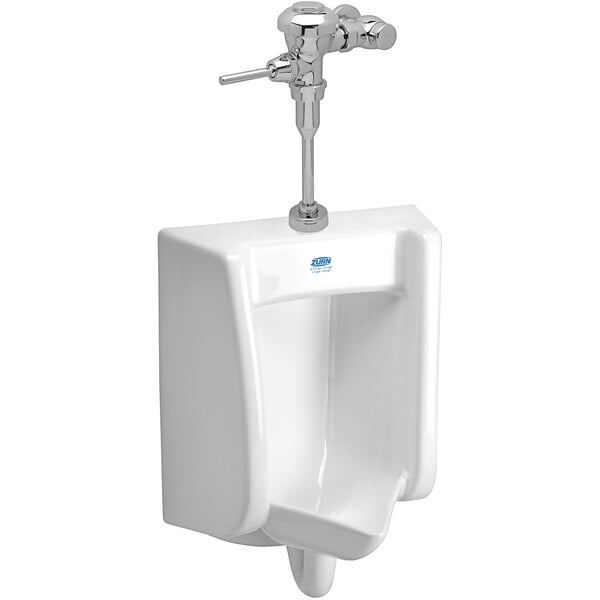A white Zurn wall hung urinal with a silver flush valve.