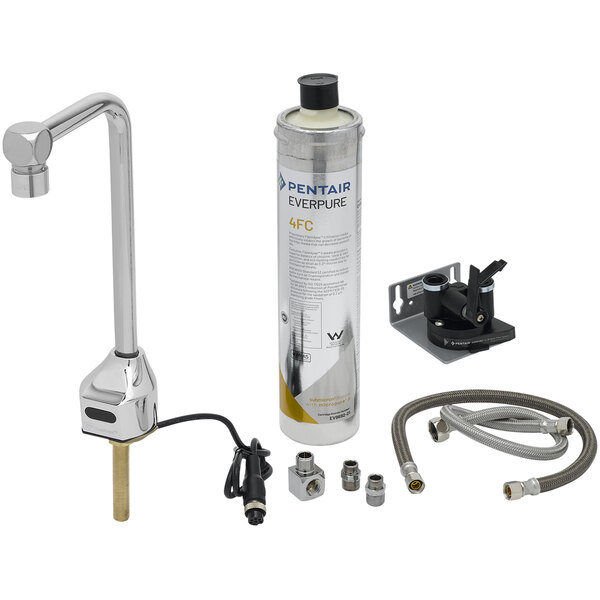 A T&S deck mount glass filler faucet with hoses and a water filter cartridge.