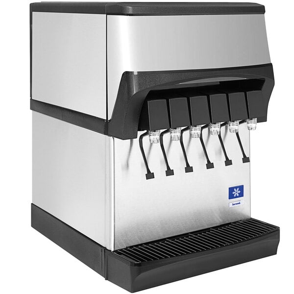 A Servend countertop beverage dispenser with six valves, black and silver.