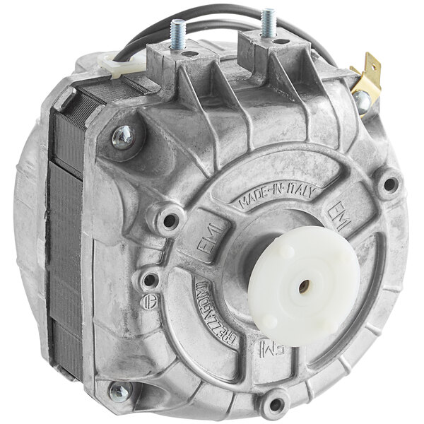 A metal fan motor with a white plastic disc with holes and wires.