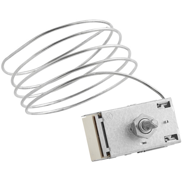 An Avantco thermostat for refrigerated beverage dispensers with a wire attached.