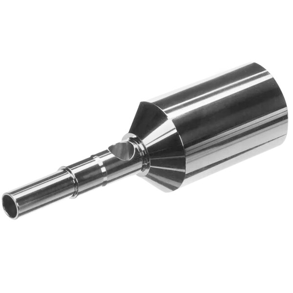 A close-up of a silver stainless steel Dispense Plunger Valve with nozzle.