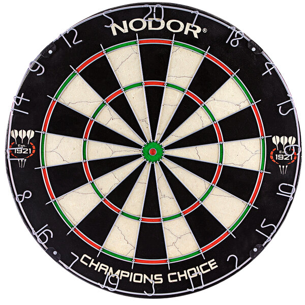 A Nodor Champion's Choice bristle practice dartboard with red and green center.
