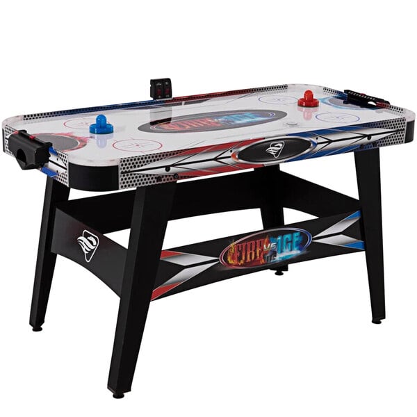 A Fire 'N Ice air hockey table with a white surface and black and white details.