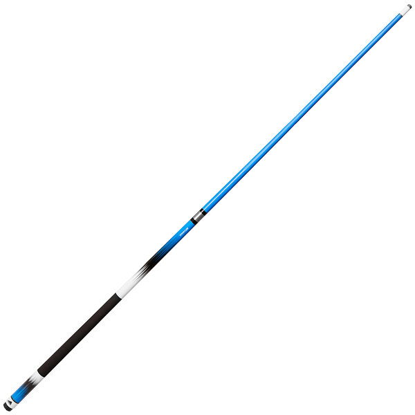 A Mizerak neon blue and black pool cue with a white handle.