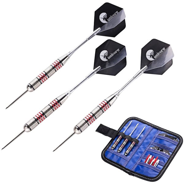 A black case containing three Unicorn Steel-Tipped darts with white logos.