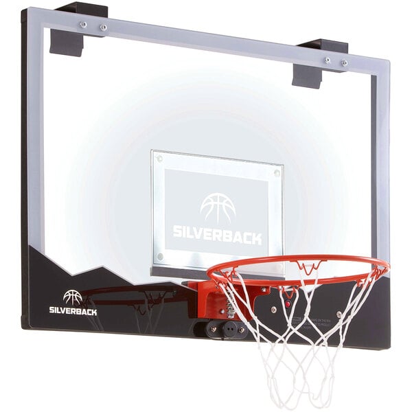 A Silverback over-the-door mini basketball hoop with a net and ball.