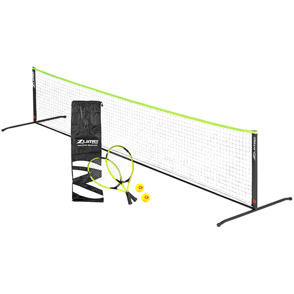 A Zume portable tennis set with a net, rackets, and balls.