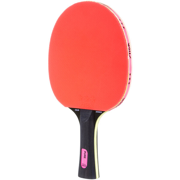 A Stiga ping pong paddle with a black and yellow handle and a pink paddle face.